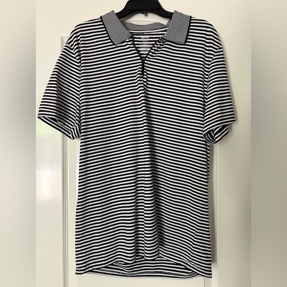 Open Edit Black and White Striped Golf Shirt